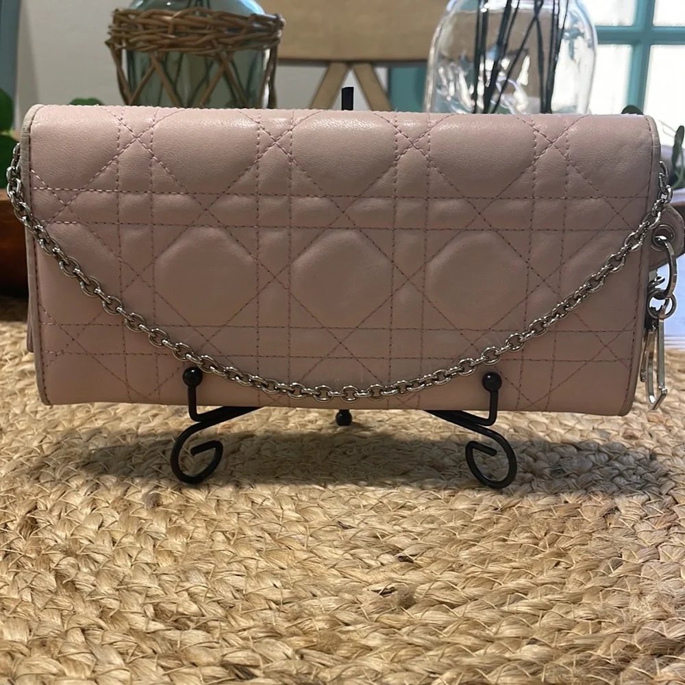 (MT150) Authentic Lady Dior Pink Cannage Quilt Lambskin Wallet on Chain